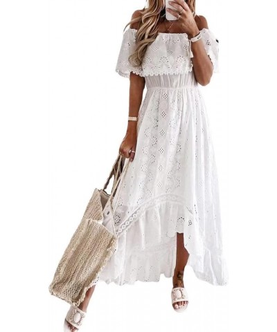 Women's Boho Maxi Dress Lace Up Tassel V-Neck Flare Ruffle Fringed Beach Summer Dresses White -Off Shoulder $19.98 Dresses