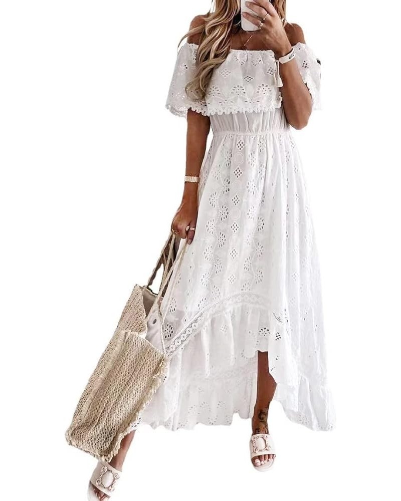 Women's Boho Maxi Dress Lace Up Tassel V-Neck Flare Ruffle Fringed Beach Summer Dresses White -Off Shoulder $19.98 Dresses