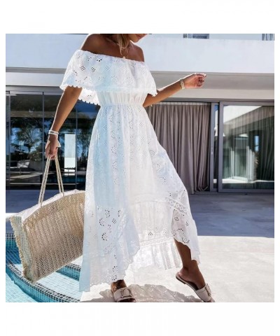 Women's Boho Maxi Dress Lace Up Tassel V-Neck Flare Ruffle Fringed Beach Summer Dresses White -Off Shoulder $19.98 Dresses