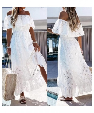 Women's Boho Maxi Dress Lace Up Tassel V-Neck Flare Ruffle Fringed Beach Summer Dresses White -Off Shoulder $19.98 Dresses