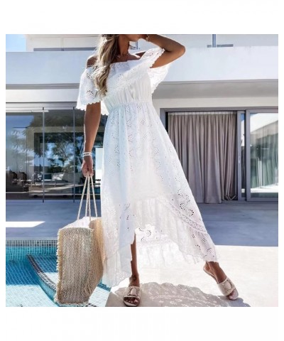 Women's Boho Maxi Dress Lace Up Tassel V-Neck Flare Ruffle Fringed Beach Summer Dresses White -Off Shoulder $19.98 Dresses