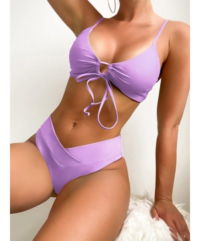 Women's High Cut String Triangle Bikini Set Swimsuits Sexy Bathing Suits 2 Piece Purple $8.77 Swimsuits