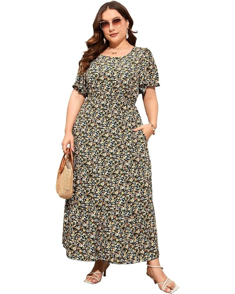 Womens Plus Size Round Neck Short Flutter Sleeve Empire Waist Pleated Hem Boho Maxi Dress with Pockets Navy Blue Yellow-1 $20...