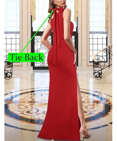 Womens Summer One Shoulder Halter Tie Neck Beach Party Maxi Dress Sexy Casual Ruched High Slit Plain Dress Red $22.08 Dresses