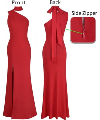 Womens Summer One Shoulder Halter Tie Neck Beach Party Maxi Dress Sexy Casual Ruched High Slit Plain Dress Red $22.08 Dresses