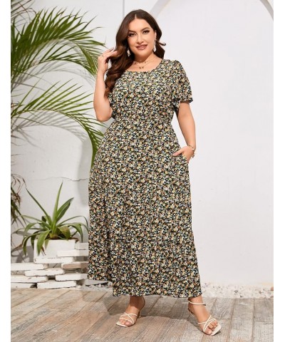 Womens Plus Size Round Neck Short Flutter Sleeve Empire Waist Pleated Hem Boho Maxi Dress with Pockets Navy Blue Yellow-1 $20...