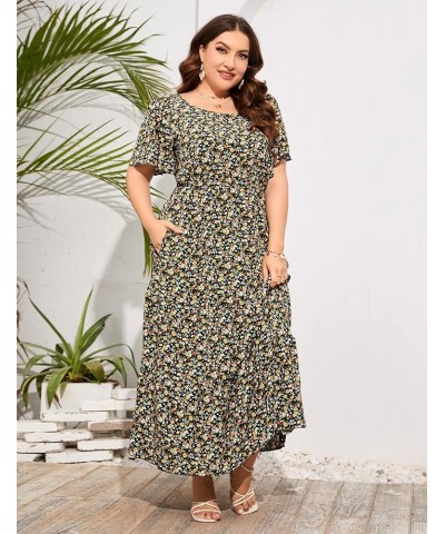 Womens Plus Size Round Neck Short Flutter Sleeve Empire Waist Pleated Hem Boho Maxi Dress with Pockets Navy Blue Yellow-1 $20...