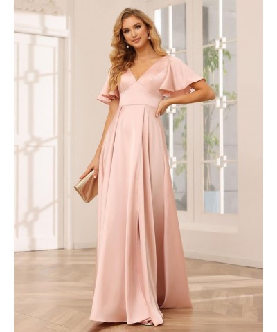 Women's V Neck Ruffle Sleeves Bridesmaid Dresses with Slit 2024 Satin A-Line Formal Evening Gowns Mint Green $26.40 Dresses