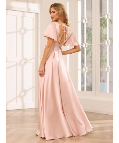 Women's V Neck Ruffle Sleeves Bridesmaid Dresses with Slit 2024 Satin A-Line Formal Evening Gowns Mint Green $26.40 Dresses