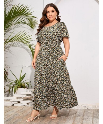 Womens Plus Size Round Neck Short Flutter Sleeve Empire Waist Pleated Hem Boho Maxi Dress with Pockets Navy Blue Yellow-1 $20...