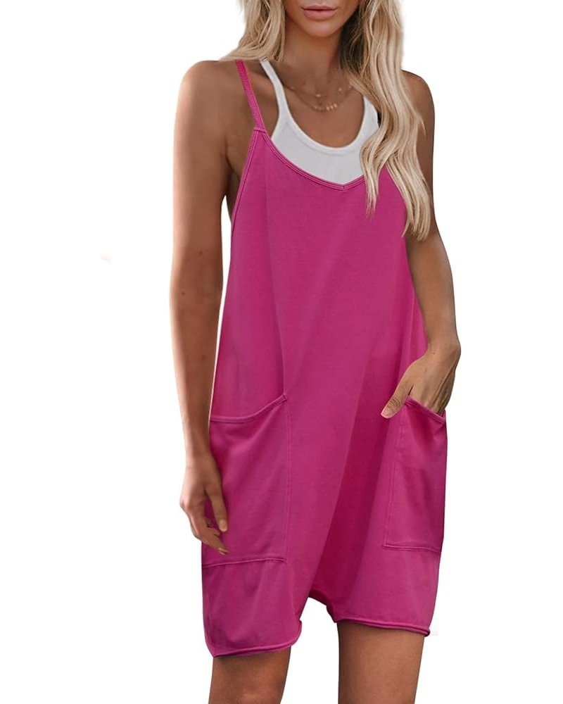 Womens Loose Overalls V Neck Sleeveless Romper Spaghetti Strap Harem Short Pants Jumpsuits Hot Pink $19.94 Jumpsuits