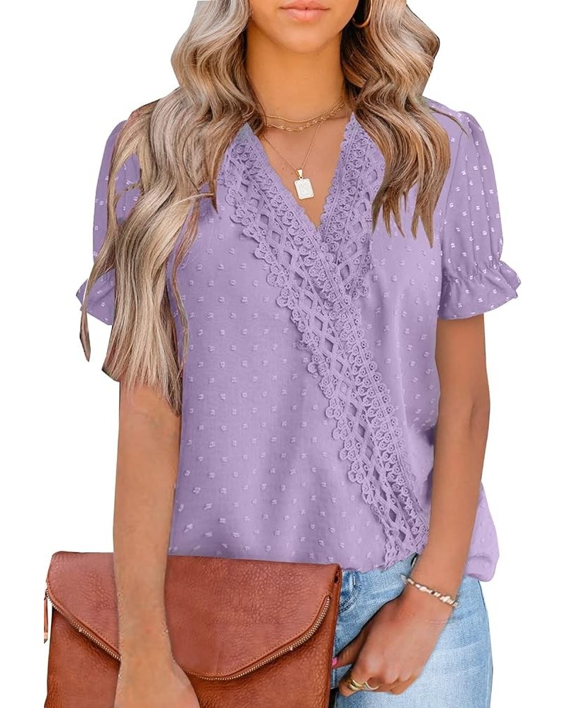 Womens Tops Short/Long Sleeve V Neck Chiffon Blouses Dressy Casual Pom Poms Shirts B-purple $14.40 Tops