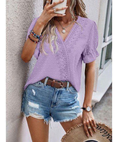 Womens Tops Short/Long Sleeve V Neck Chiffon Blouses Dressy Casual Pom Poms Shirts B-purple $14.40 Tops