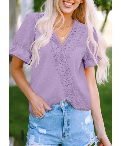 Womens Tops Short/Long Sleeve V Neck Chiffon Blouses Dressy Casual Pom Poms Shirts B-purple $14.40 Tops