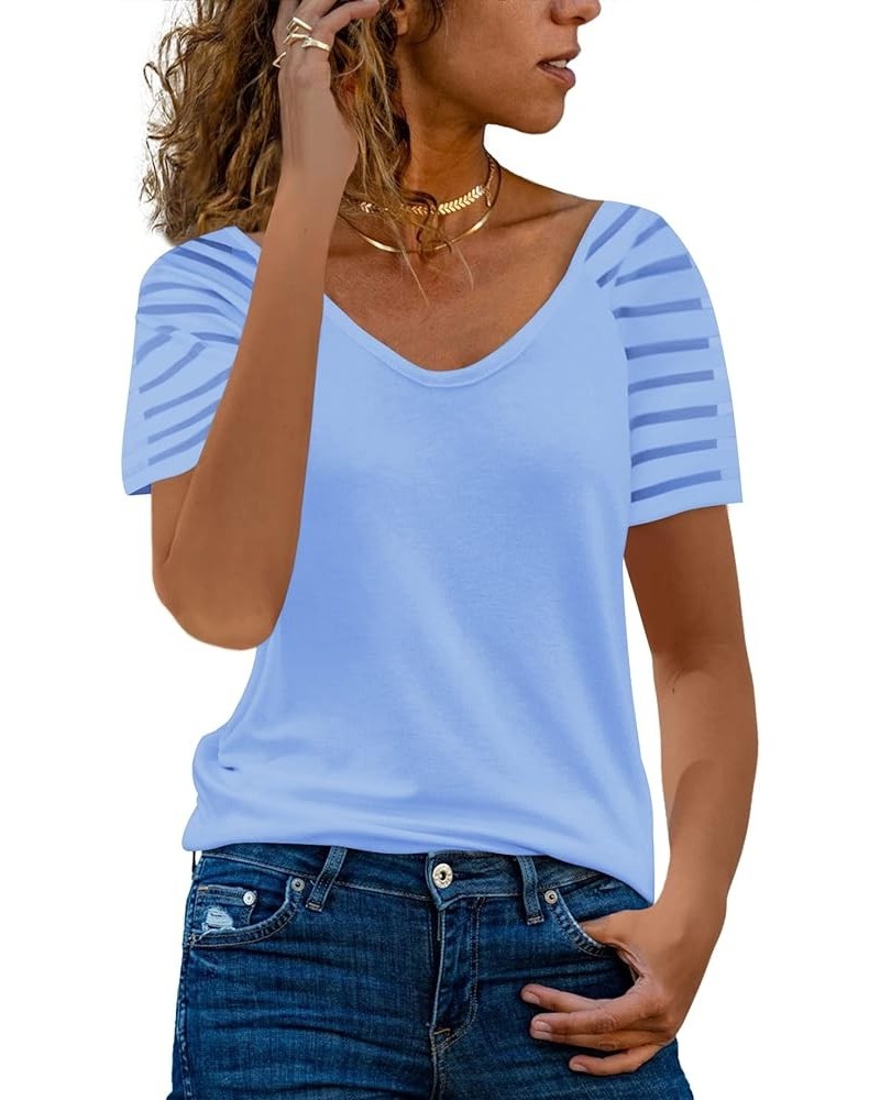 Womens Long/Short Sleeve V Neck T-Shirt Striped Sheer Mesh Raglan Tees Loose Casual Tops D-blue $13.49 T-Shirts