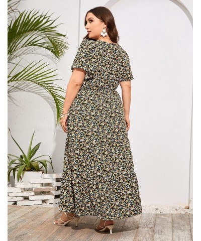 Womens Plus Size Round Neck Short Flutter Sleeve Empire Waist Pleated Hem Boho Maxi Dress with Pockets Navy Blue Yellow-1 $20...