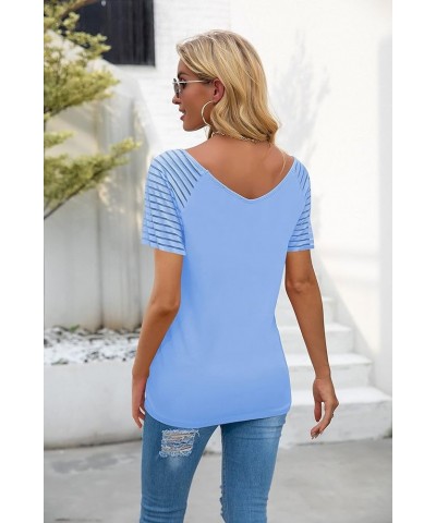 Womens Long/Short Sleeve V Neck T-Shirt Striped Sheer Mesh Raglan Tees Loose Casual Tops D-blue $13.49 T-Shirts