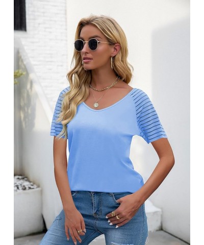 Womens Long/Short Sleeve V Neck T-Shirt Striped Sheer Mesh Raglan Tees Loose Casual Tops D-blue $13.49 T-Shirts