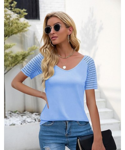 Womens Long/Short Sleeve V Neck T-Shirt Striped Sheer Mesh Raglan Tees Loose Casual Tops D-blue $13.49 T-Shirts