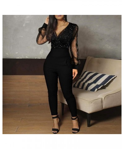 Overalls Summer Women's Long Rompers Jumpsuit Mesh Sequined Fashion Long Pocket V-neck Sleeve Women's White Winter Black 1 $1...