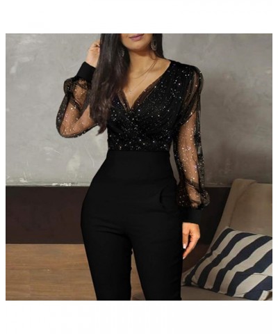 Overalls Summer Women's Long Rompers Jumpsuit Mesh Sequined Fashion Long Pocket V-neck Sleeve Women's White Winter Black 1 $1...