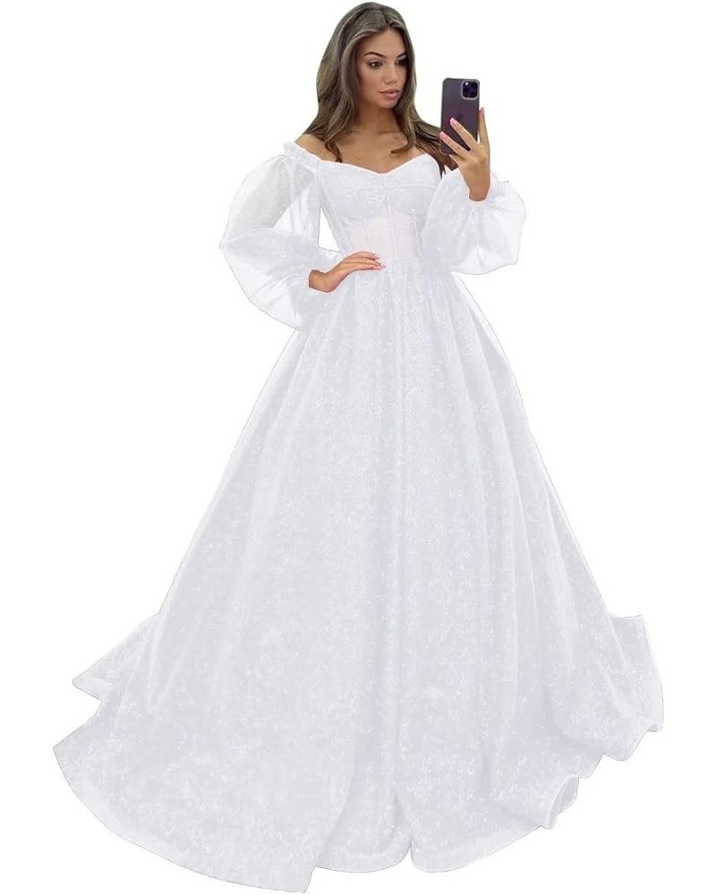 Puffy Sleeve Glitter Prom Dresses Women's Ball Gown Off Shoulder Formal Evening Gown Princess Quinceanera Dress White $48.67 ...