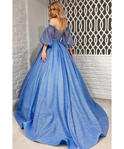 Puffy Sleeve Glitter Prom Dresses Women's Ball Gown Off Shoulder Formal Evening Gown Princess Quinceanera Dress White $48.67 ...