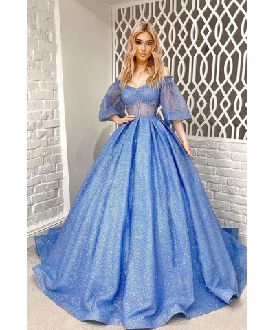 Puffy Sleeve Glitter Prom Dresses Women's Ball Gown Off Shoulder Formal Evening Gown Princess Quinceanera Dress White $48.67 ...