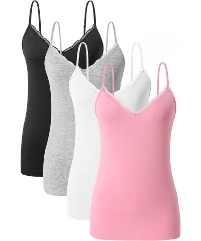 v Neck Women Camisole Adjustable Spaghetti Strap cami lace Trim Tank Tops 4 Pack 4 Pack- Black Gray White Pink $11.76 Tanks