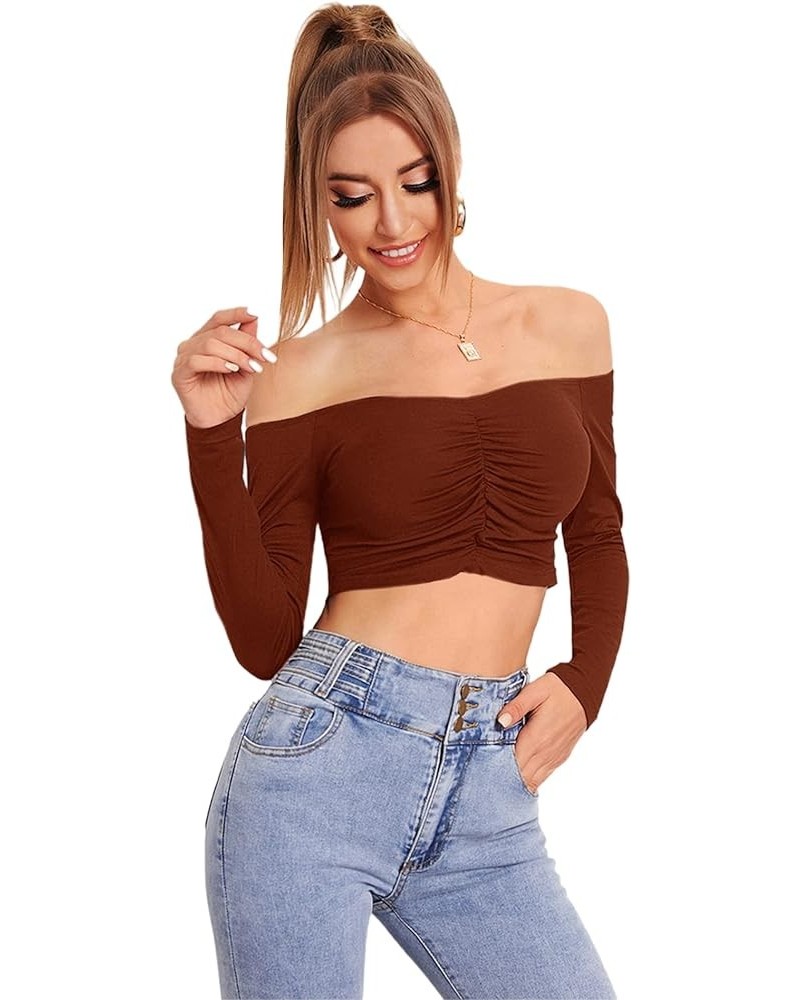 Women's Casual Off Shoulder Ruched Crop Tee Long Sleeve Fitted T Shirts Tops Rust Brown $8.84 T-Shirts