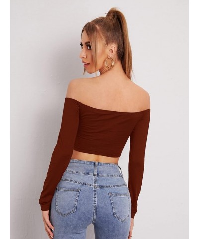 Women's Casual Off Shoulder Ruched Crop Tee Long Sleeve Fitted T Shirts Tops Rust Brown $8.84 T-Shirts