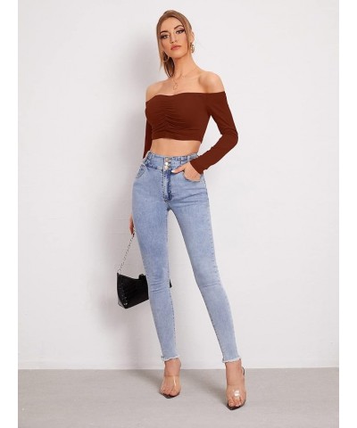 Women's Casual Off Shoulder Ruched Crop Tee Long Sleeve Fitted T Shirts Tops Rust Brown $8.84 T-Shirts