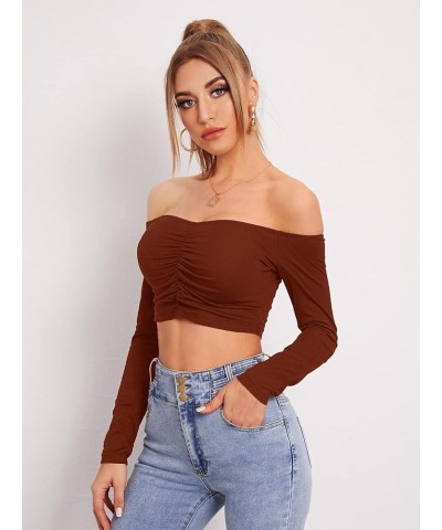 Women's Casual Off Shoulder Ruched Crop Tee Long Sleeve Fitted T Shirts Tops Rust Brown $8.84 T-Shirts