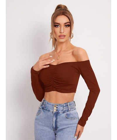 Women's Casual Off Shoulder Ruched Crop Tee Long Sleeve Fitted T Shirts Tops Rust Brown $8.84 T-Shirts