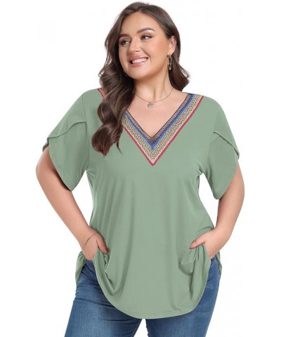 Plus Size Tops for Women Summer V Neck Shorts Sleeve Tunic Shirts 2024 New Size 14-26 1XL-4XL Bean Paste Green $11.75 Tops