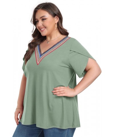 Plus Size Tops for Women Summer V Neck Shorts Sleeve Tunic Shirts 2024 New Size 14-26 1XL-4XL Bean Paste Green $11.75 Tops