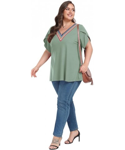 Plus Size Tops for Women Summer V Neck Shorts Sleeve Tunic Shirts 2024 New Size 14-26 1XL-4XL Bean Paste Green $11.75 Tops