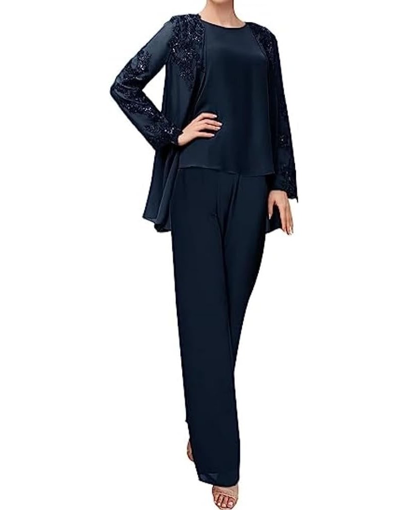 3 Piece Women Pants Sets Chiffon Mother of The Bride Pantsuits for Wedding Party Work Office Navy $37.79 Suits