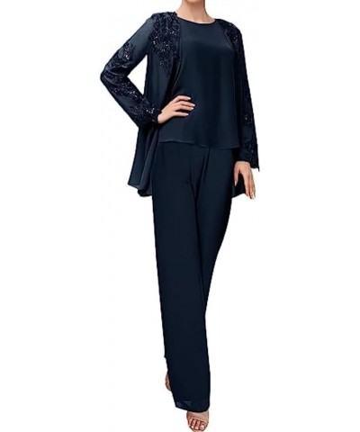 3 Piece Women Pants Sets Chiffon Mother of The Bride Pantsuits for Wedding Party Work Office Navy $37.79 Suits