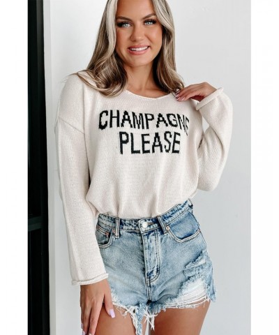 Womens Fashion 2024 Champagne Please Graphic Sweater Crewneck Loose Knitted Pullover Sweatshirt Tops White L $17.00 Sweaters