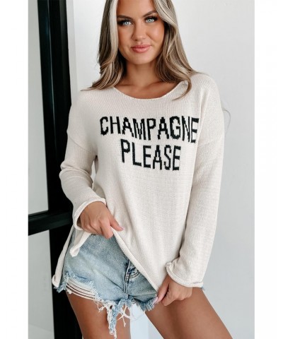 Womens Fashion 2024 Champagne Please Graphic Sweater Crewneck Loose Knitted Pullover Sweatshirt Tops White L $17.00 Sweaters