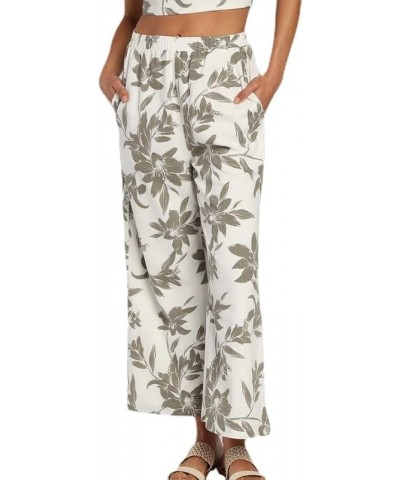 Women's Summer Floral Print Wide Leg Pants Elastic High Waist Loose Fit Trousers with Pocket White $10.40 Pants