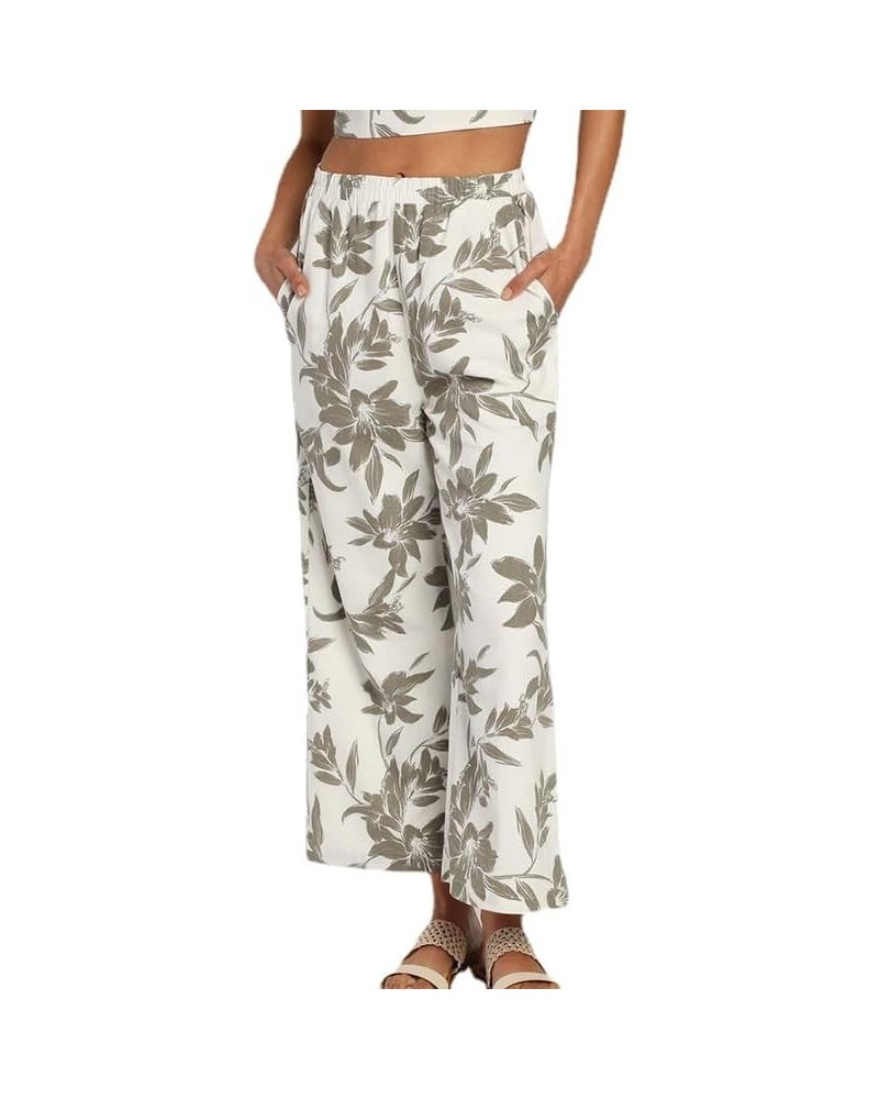 Women's Summer Floral Print Wide Leg Pants Elastic High Waist Loose Fit Trousers with Pocket White $10.40 Pants