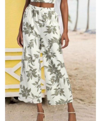 Women's Summer Floral Print Wide Leg Pants Elastic High Waist Loose Fit Trousers with Pocket White $10.40 Pants