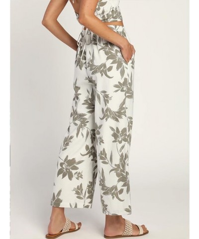 Women's Summer Floral Print Wide Leg Pants Elastic High Waist Loose Fit Trousers with Pocket White $10.40 Pants