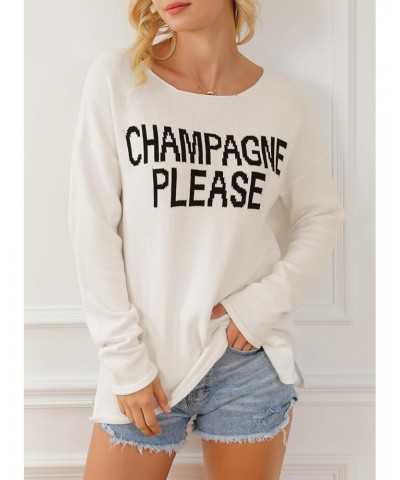 Womens Fashion 2024 Champagne Please Graphic Sweater Crewneck Loose Knitted Pullover Sweatshirt Tops White L $17.00 Sweaters