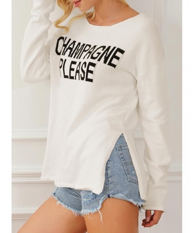 Womens Fashion 2024 Champagne Please Graphic Sweater Crewneck Loose Knitted Pullover Sweatshirt Tops White L $17.00 Sweaters