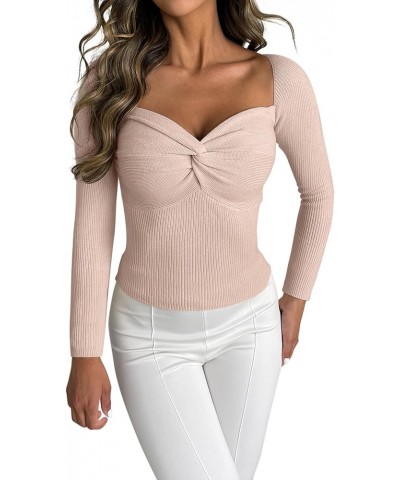 Women's Twisted Front Sweater Top Sexy Sweetheart Neck Solid Ribbed Knit Long Sleeve Pullover Sweaters Light Pink $17.00 Swea...