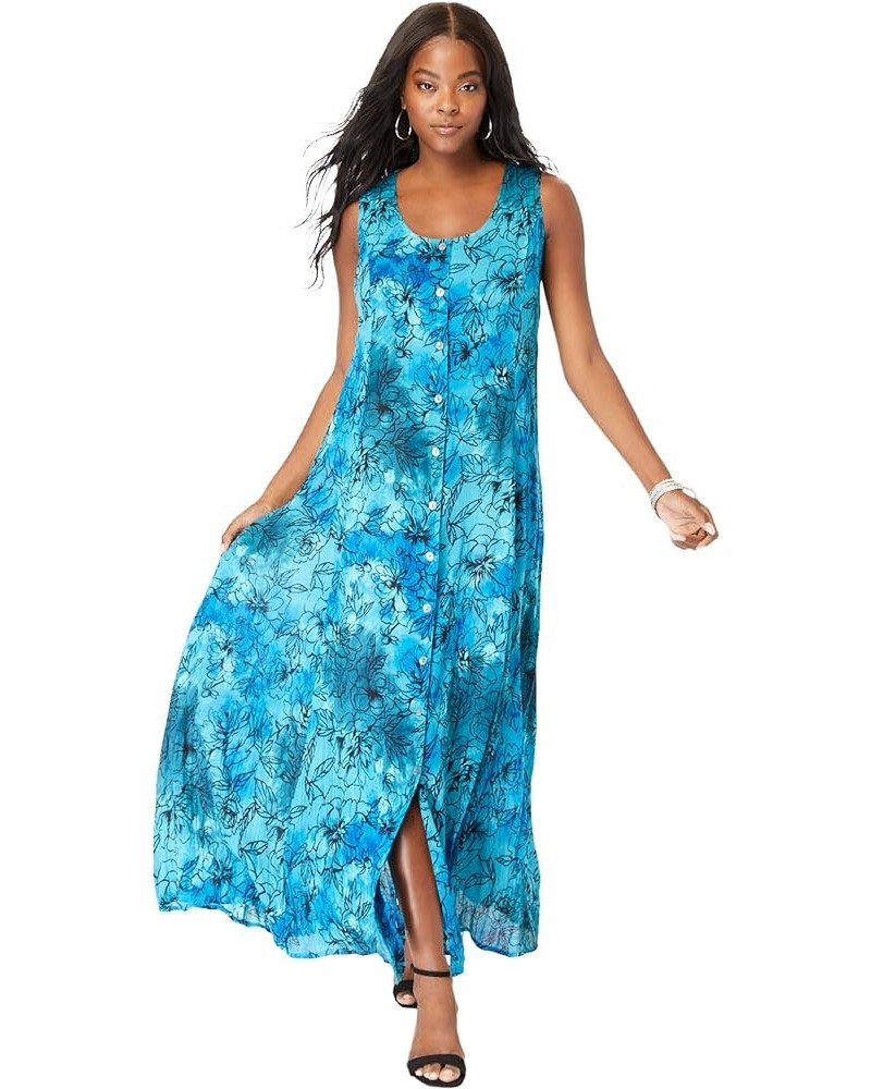 Women's Plus Size Button-Front Crinkle Dress with Princess Seams Deep Turquoise Tie Dye Floral $30.69 Dresses