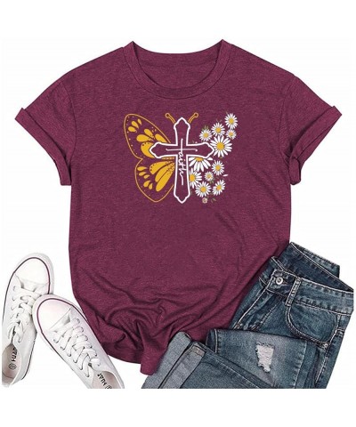 Womens Faith Daisy Butterfly Funny Letter Print T Shirt Christian Tees Tops 002 Fuchsia $11.19 T-Shirts